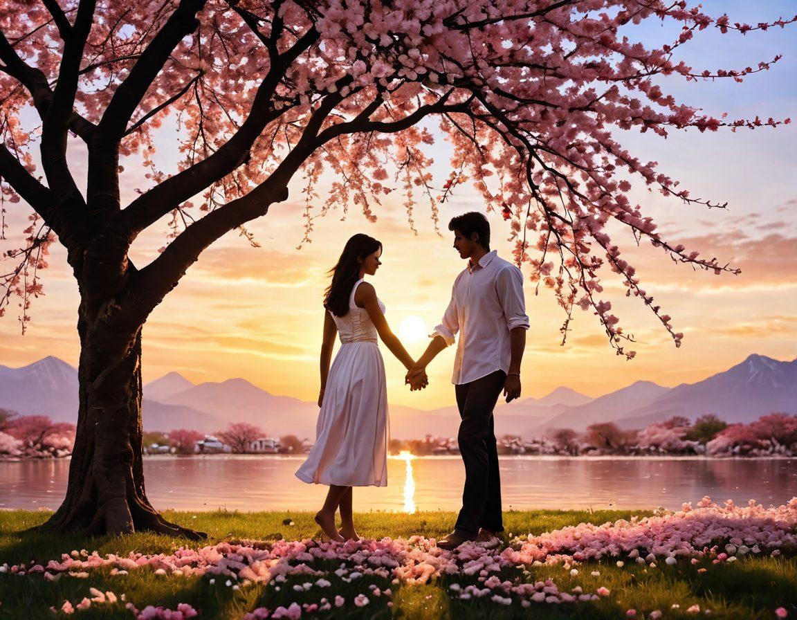 A serene scene depicting a couple holding hands under a blooming cherry blossom tree, surrounded by soft petals falling gently around them. Their expressions reveal deep affection and happiness, symbolizing a journey from fondness to everlasting love. The background should include a sunset casting warm hues, enhancing the romantic atmosphere. super-realistic. vibrant colors. soft focus.