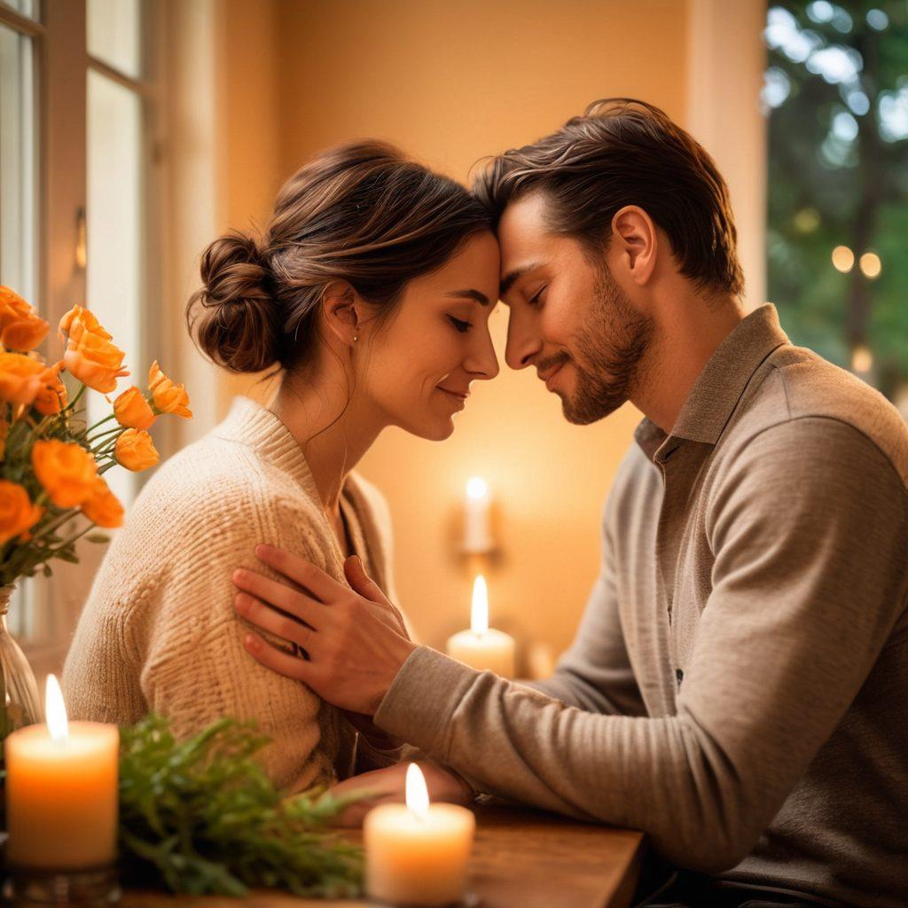 A warm, intimate scene depicting a couple sharing a heartfelt moment in a cozy setting, surrounded by soft lighting, candles, and flowers to symbolize romance and affection. Their expressions convey deep connection and love, with gentle touches like holding hands or embracing. The background features a softly blurred view of a serene park or home, adding to the nurturing atmosphere. super-realistic. warm colors. soft focus.