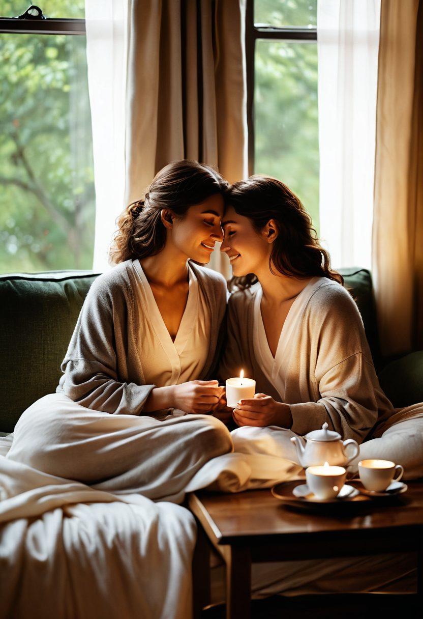 A warm, intimate scene featuring a couple sharing a quiet moment in a cozy, softly lit room. Soft pillows, a flickering candle, and a small table with two cups of tea set the mood of tenderness. The background shows gentle, flowing curtains and a hint of nature outside the window, creating a serene atmosphere. Emphasize warmth and connection through close-up details of their hands intertwined or soft smiling faces. super-realistic. warm colors. cozy ambiance.